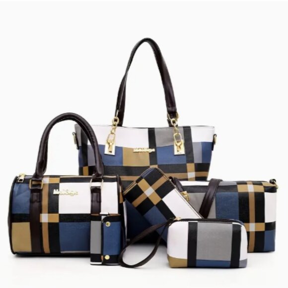 Purse Handbags - Blue Plaid Leather 6pcs Women's Handbag Set